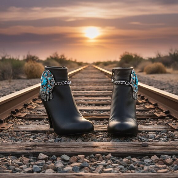 Women 2PCS Silver Metal Boot Chain Bracelet Shoe Anklets Turquoise Flower Ethnic - Picture 8 of 17